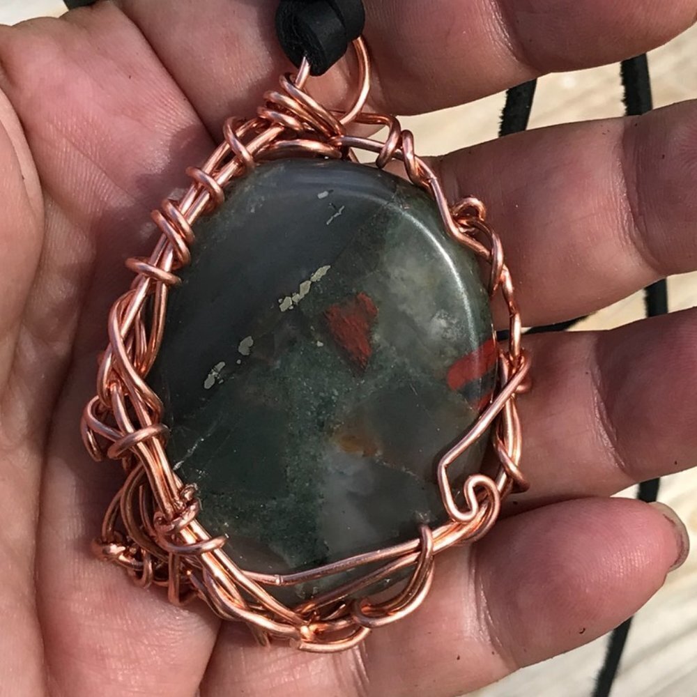 Dragon Blood Jasper Pendant Copper Wire Wrapped Genuine Leather Necklace Shaman